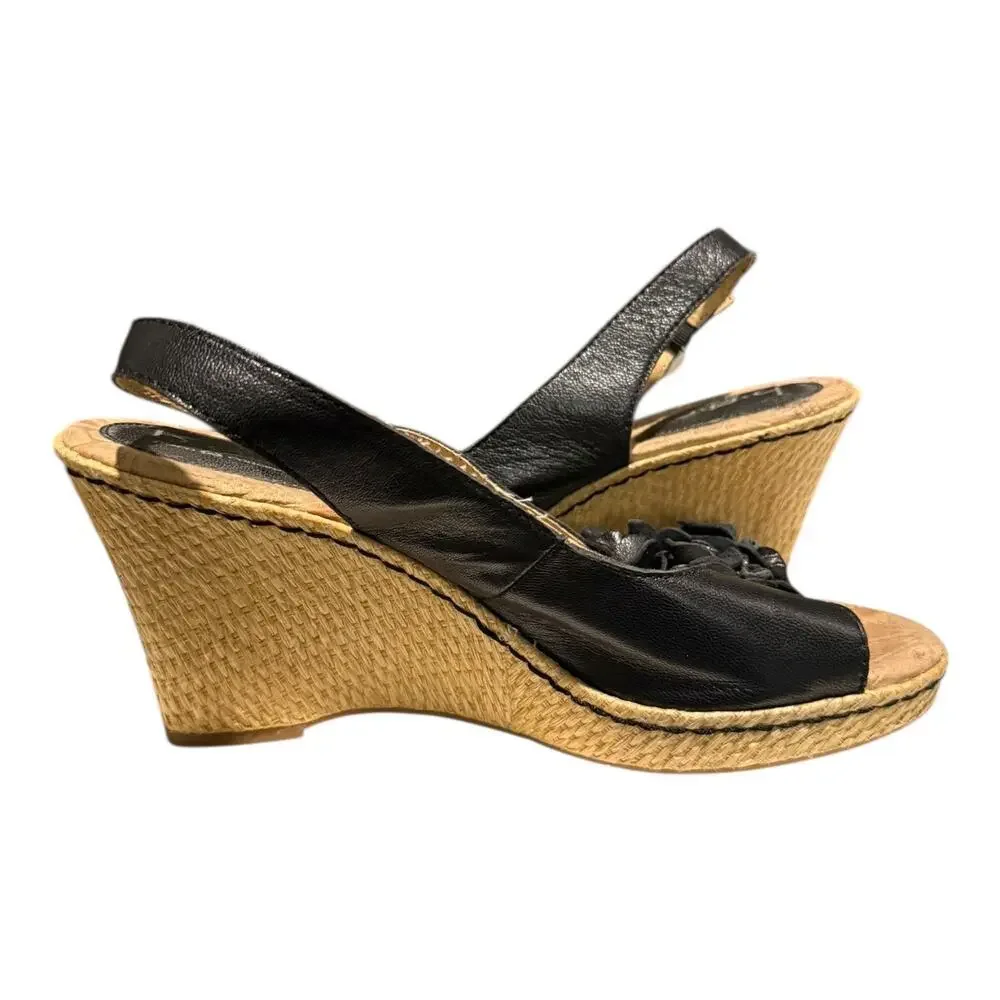 BOC Born Women’s Size 9 Black Leather Flower Open Toe Slingback Wedge Sandal